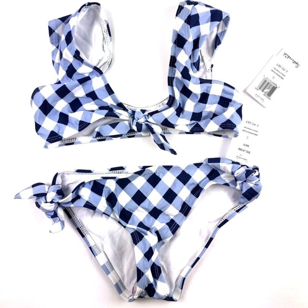 Splendid Girl’s Tie Front Bikini Top And Hipster Bottom Size 8 Blue Plaid, Set